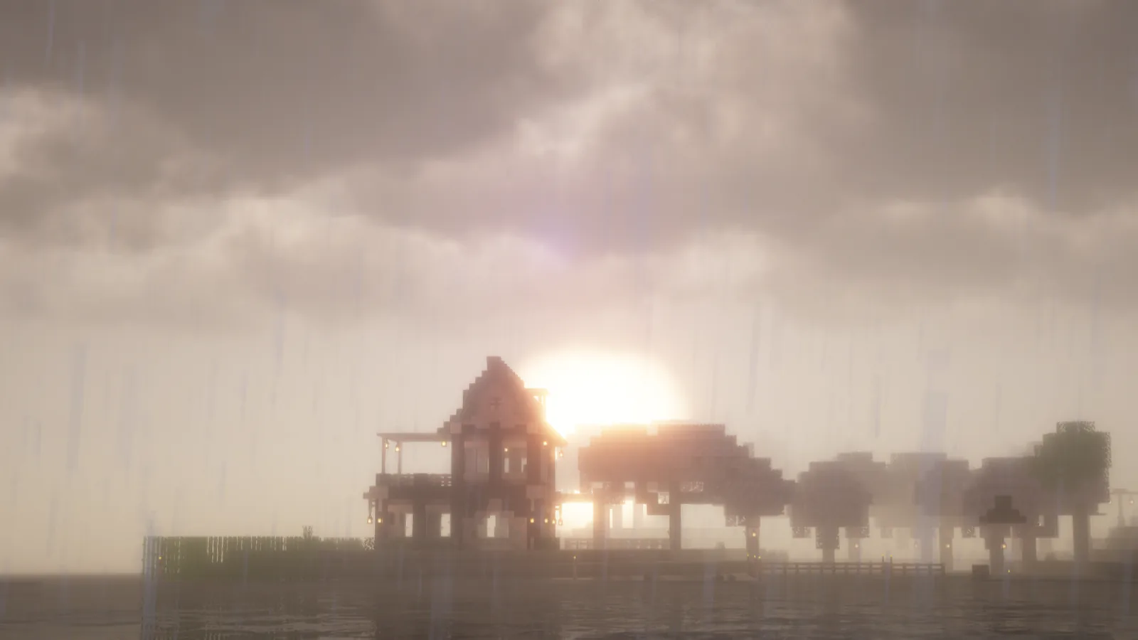 Casa de madeira junto à água durante uma chuva ao pôr do sol