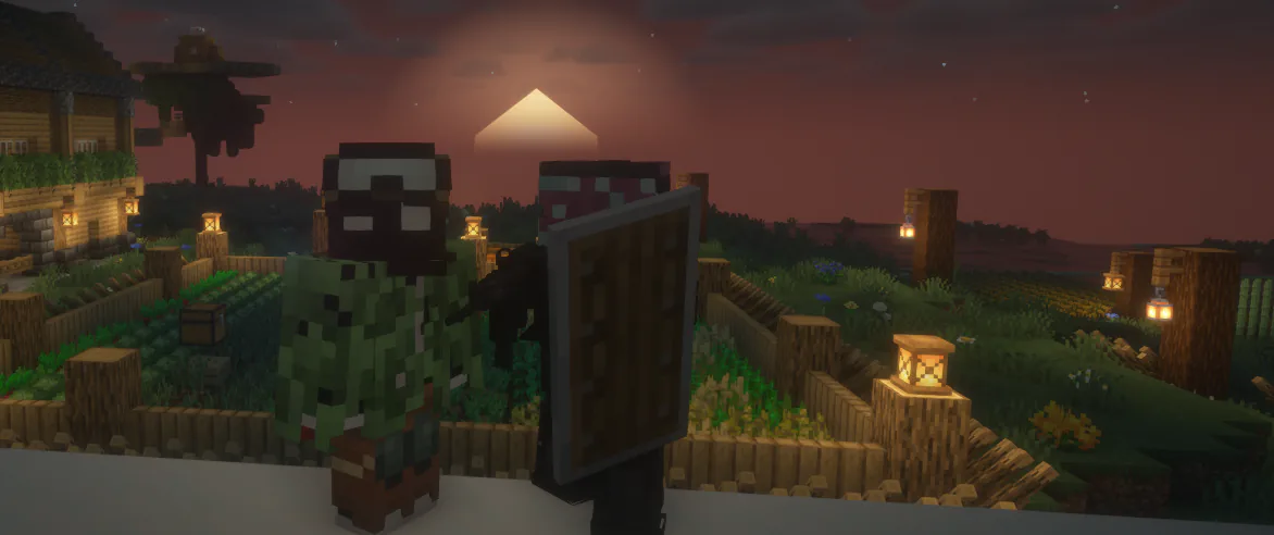 Duas pessoas observando uma horta iluminada ao entardecer